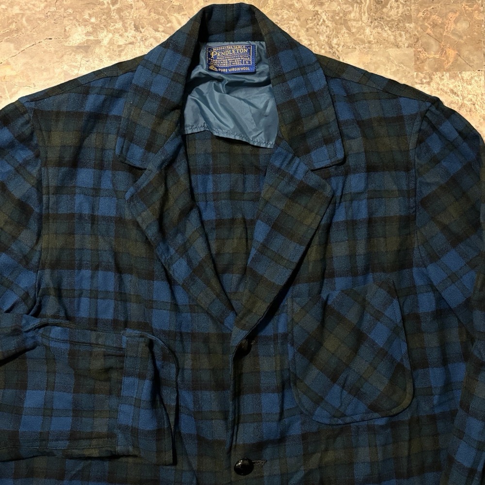 Vintage Pendleton Sport Coat Mens Small Green Plaid Wool Blazer Chore Pockets